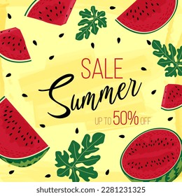 Vector discount banner with watermelon slices, leaves, seeds on a yellow background with text. Vector summer illustration for poster, banner, discount advertising.