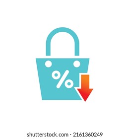 Diseño de descuento vectorial en forma de bolsa con dirección descendente. diseño de icono de descuento, porcentaje de descuento. adecuado para publicidad, marketing, presentación, promoción de productos
