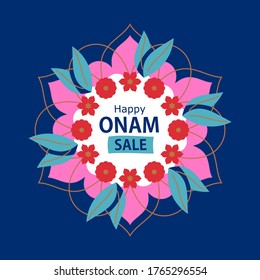 Vector discount design with rangoli for Indian festival happy Onam banner sale on dark blue backround