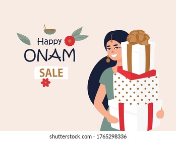 Vector discount design with woman with gift box for Indian festival happy Onam