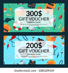 Vector discount or gift card voucher templates with cartoon fishing equipment
