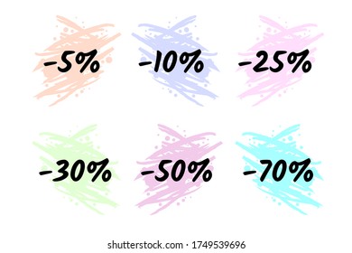 Vektor-Discount-Symbol auf einem Farbpinselspritzer einzeln auf weißem Hintergrund in Pastellfarben. -5 %, -10 %, -25 %, -30 %, -50 %, -70 %. Für saisonalen Verkauf, Marketing-Kampagne, Banner, Etikett, Flyer, Aufkleber.
