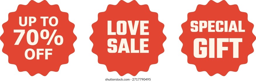 Vector Descuento Etiquetas hasta 70% de descuento, venta de amor, regalo especial