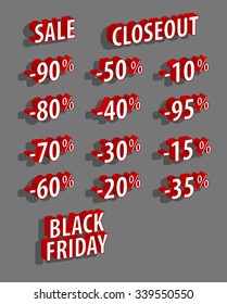 Vector discount logo set. Sale black friday 3D icons collection. 