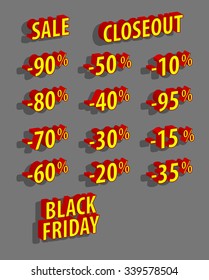 Vector discount logo set. Sale black friday 3D icons collection. 