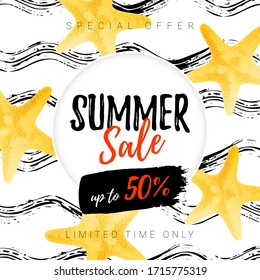 Vector discount poster with text Summer Sale in round frame. Black wavy brush stroke texture. Grainy yellow starfishes.