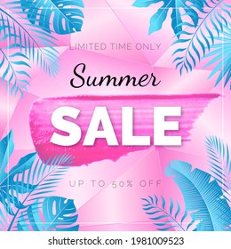 Vector Discount Poster. Turquoise Tropical Leaves. Text Summer Sale on the Realistic Shiny Pink Brush Stroke. Bright Banner with Hand Drawn Element.