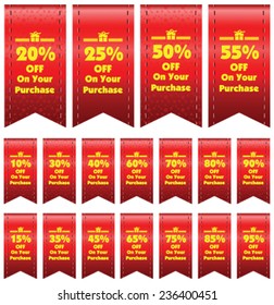Vector  Discount red price tags from 10 to 95 percent in isolated white background.
