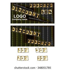 Vector discount voucher gold background with ornate border, with additional figures, 50 percent, 40 percent, 30 percent, 20 percent and 10 percent.