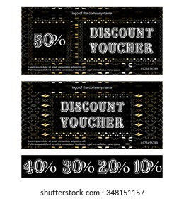 Vector discount voucher gold background with ornate border, with additional figures, 50 percent, 40 percent, 30 percent, 20 percent and 10 percent.