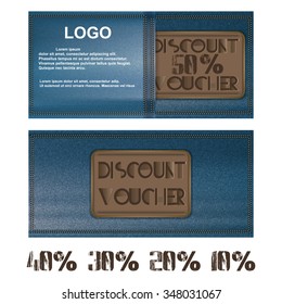 Vector discount voucher for jeans background pocket. Further presented figures 50 percent, 40 percent, 30 percent, 20 percent and 10 percent.