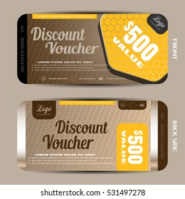 Vector discount voucher on the gradient hexagon mesh pattern and brown background with hexagon yellow shape.