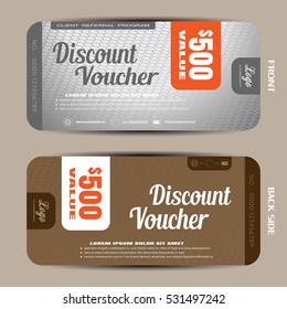 Vector discount voucher on the light gray hexagon mesh pattern and brown background.