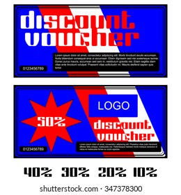 Vector discount vouchers in red and white colors. Further presented figures 50 percent, 40 percent, 30 percent, 20 percent and 10 percent.