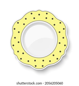 Vector dish with figured edges and polka dot pattern on yellow background isolated on white background