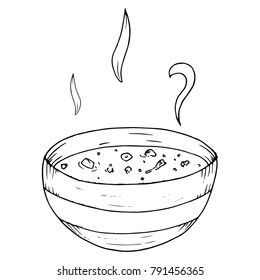 Vector dish with food. Hand drawn plate with porridge, roast. Plate with hot soup, porridge, sauce. First course. Bowl of boiling food.