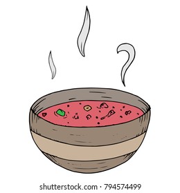 Vector dish with food. Hand drawn plate with porridge, roast. Plate with hot soup, porridge, sauce. First course. Bowl of boiling food.
