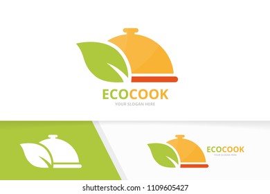 Vector dish and leaf logo combination. Plate and eco symbol or icon. Unique kitchen and organic logotype design template.