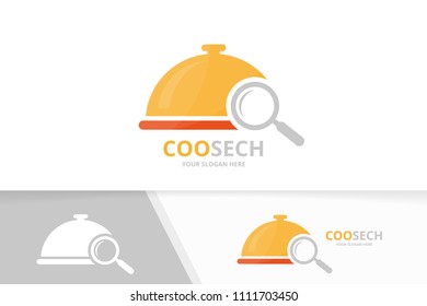 Vector dish and loupe logo combination. Plate and magnifying symbol or icon. Unique kitchen and search logotype design template.