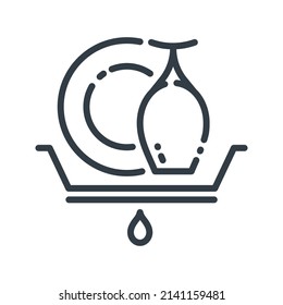 Vector dish rack line icon isolated on transparent background. 