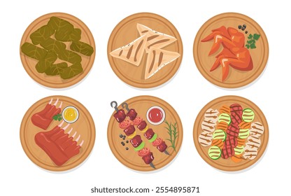 Vector dishes, like dolma, kebab, ribs, grilled vegetables, wings, and Bryndza cheese in pita bread. 