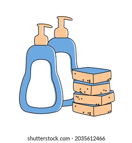 vector dishwashing liquid  housework  equipment, plastic bottle  illustration chores symbol, nobody cleaner sponges