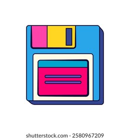 Vector diskette icon. Retro floppy drive or nostalgic data storage. Old school technology or save sign. Digital computer device for backup. Portable gadget for archive and record. File saving clipart.