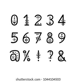 Vector display alphabet. Numbers and punctuation decorated with floral patterns.
