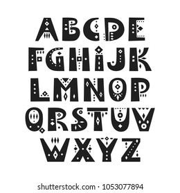 Vector display alphabet. Set of capital patterned letters in African style.