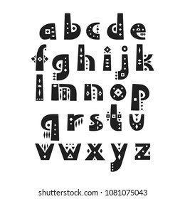 Vector display alphabet. Set of lowercase patterned letters in African style.