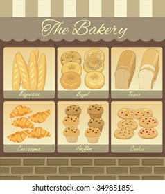 Vector display the bakery products on shelf.Bricks and awning are decoration the wall on showcase of cafe shop.