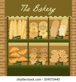 Vector display the bakery products on shelf.Decorate with bricks wall and awing.Earth tone colors.