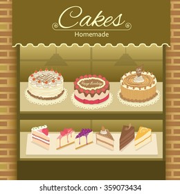 Vector display the cake products on shelf.Decorate with bricks wall and awing.Earth tone colors.
