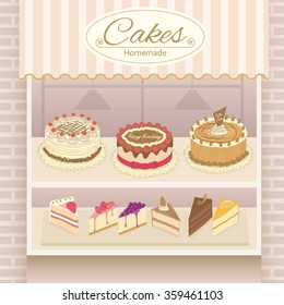 Vector display the cake products on shelf.Decorate with bricks wall and awing.Pink pastel background colors.