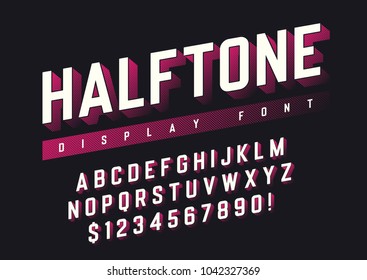Vector display font design with halftone shadow, alphabet, character set, typeface, typography, letters and numbers. Swatch color control.