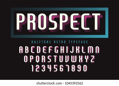 Vector display font design with halftone shadow, alphabet, character set, typeface, typography, letters and numbers. Swatch color control.
