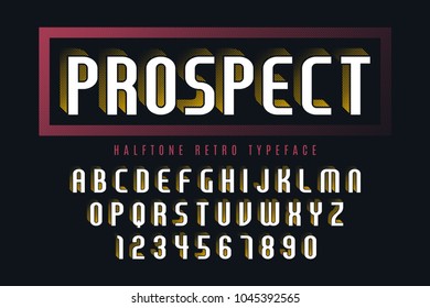 Vector display font design with halftone shadow, alphabet, character set, typeface, typography, letters and numbers. Swatch color control.