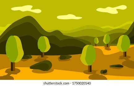 Vector display of hills and trees against a background of greenish orange sky