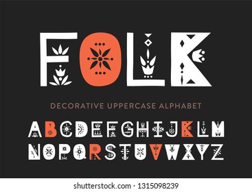 Vector display uppercase alphabet decorated with geometric folk patterns.