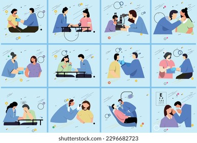 Vector displaying different medical emergencies.
Set of doctors and patients.
Healthcare, mental illness, broken hand, eye checkup, coughing, tonsil, dental, pregnancy, injection
