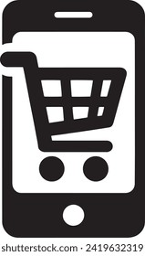 The vector displays a bold, black icon of a smartphone with a shopping cart on the screen, symbolizing the concept of mobile shopping.