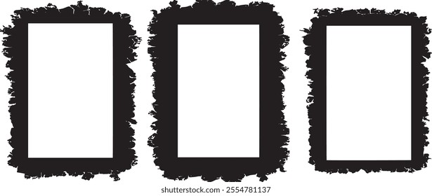 The vector displays a collection of three rectangular frames with a grunge design. Each frame has a unique distressed border, characterized by rough, cracked, and splattered textures. The frames 