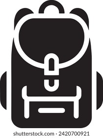 The vector displays a stylized black and white icon of a backpack, signifying education, travel, and adventure.