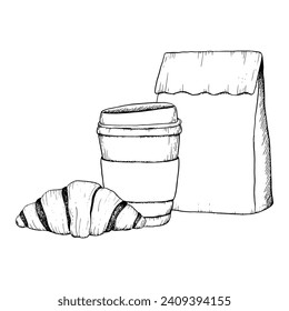 Vector disposable coffee cup, chocolate croissant and paper craft bag black and white graphic illustration for breakfast and coffee break designs, cafe, restaurant food menus