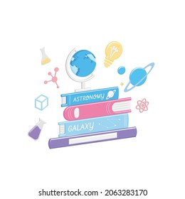 Vektordienerunterricht mit Büchern, Lehrbüchern. 3d volumetrische Erziehung mit den Zeichen der Reagenzröhre, Moleküle, Ideenlampen, Planeten, Sterne, Globus. Bibliothek.