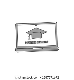 Vector distance learning icon. Icon of laptop and education symbol on cartoon style on white isolated background.