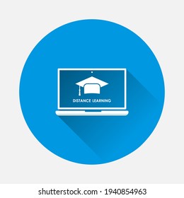 Vector distance learning icon. Icon of laptop and education symbol icon on blue background. Flat image with long shadow.