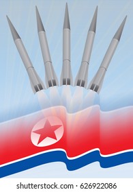 vector distinguished missiles of a waving flag of North Korea. on the background of blue sky and sunlight