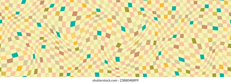 Vector distorted checkered seamless pattern. Groovy twisted grid. Psychedelic dynamic banner background. Retro 70s trippy hippie wavy aesthetic chess backdrop in vintage beige colors 