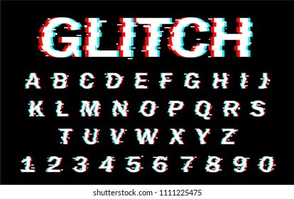 Vector distorted glitch font. Trendy style lettering typeface. Latin letters from A to Z and numbers from 0 to 9. Blue and red channels.